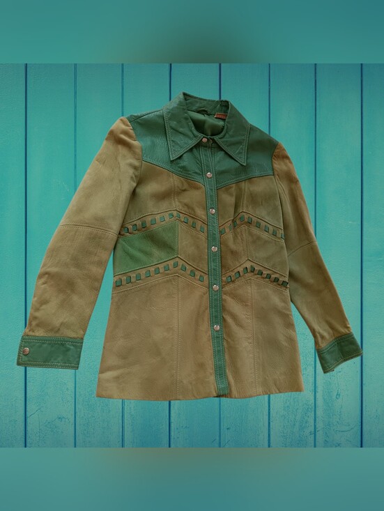 Jackets & Blazers - Rare True Vintage 70s Multi Tone Green Suede Leather Knit Back Tailored Jacket